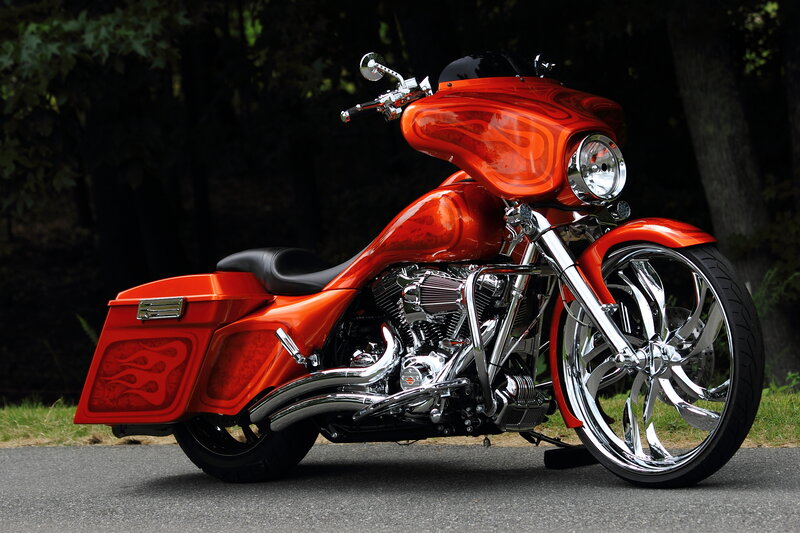 Custom Orange Motorcycle — Dramatic, Afternoon, Photograph, Trees