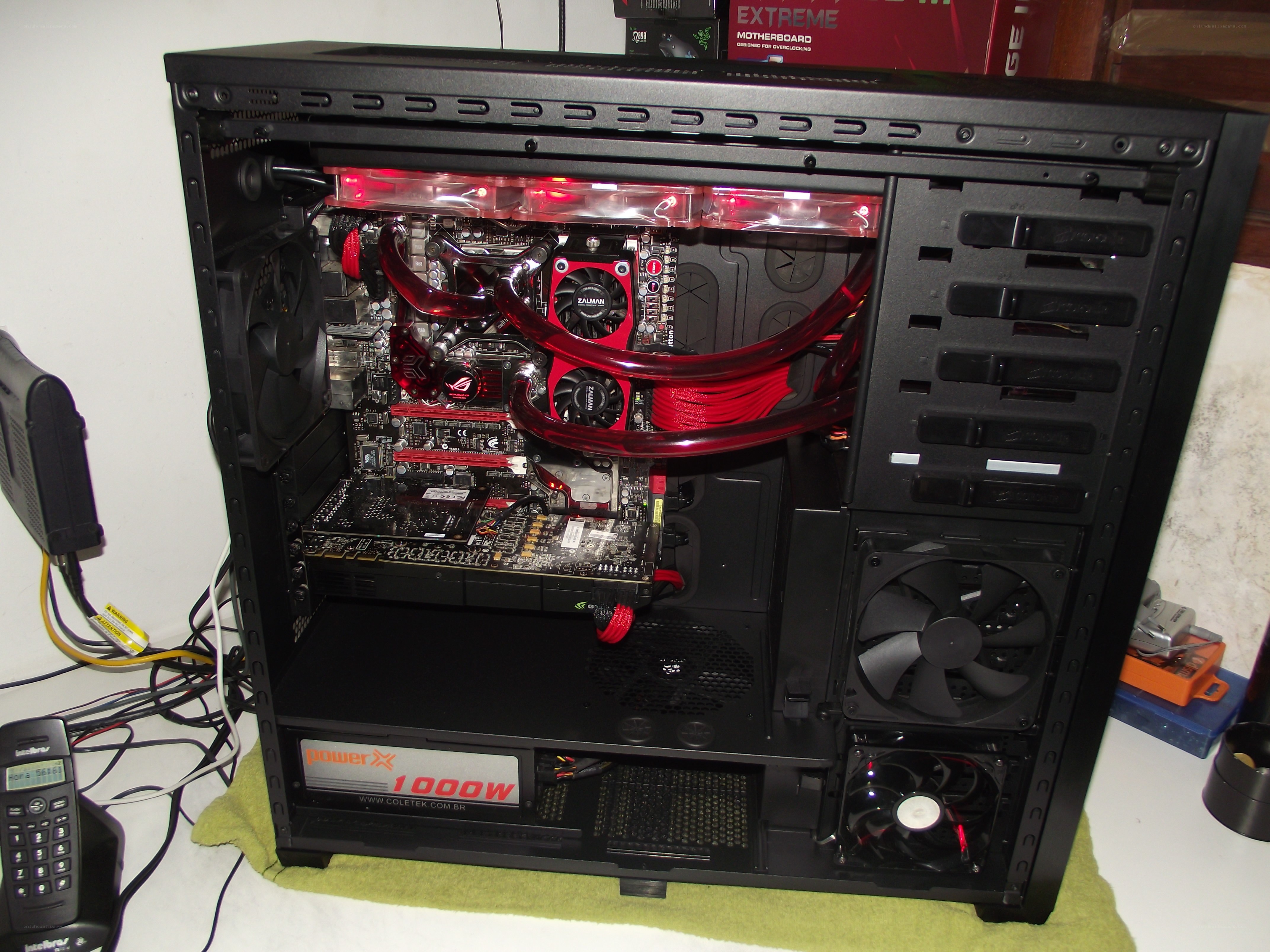 custom pc build with red liquid cooling