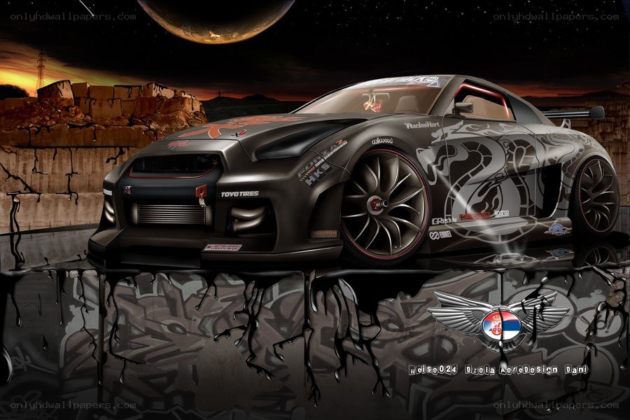 Custom race car in alien landscape