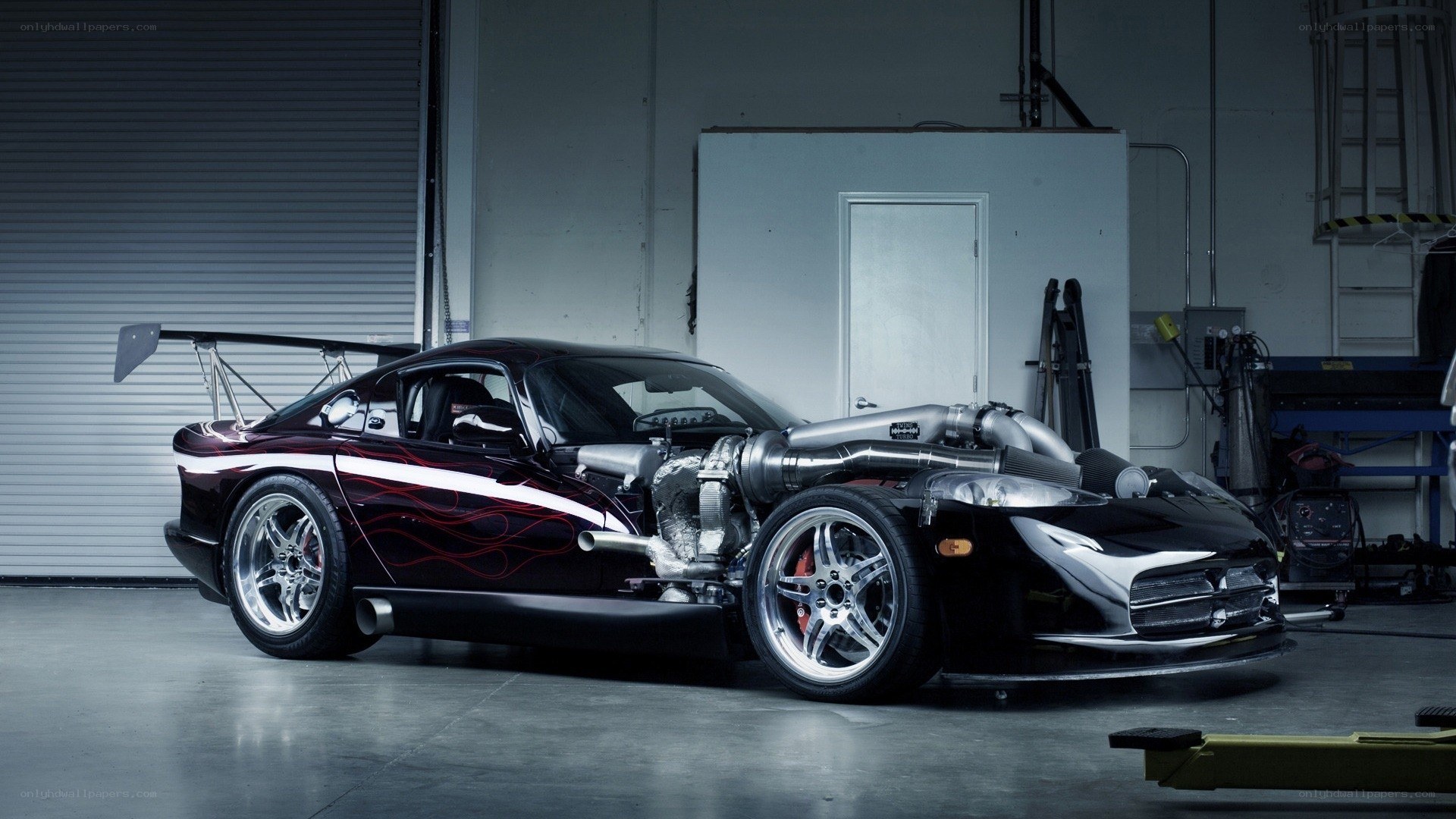 custom race car in garage