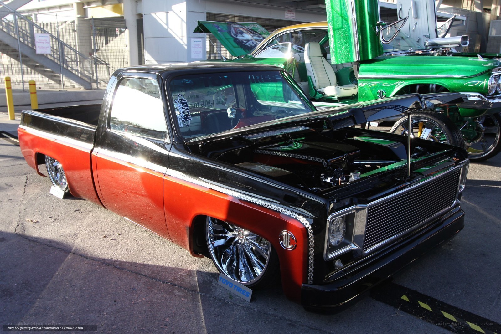 Custom red and black pickup truck