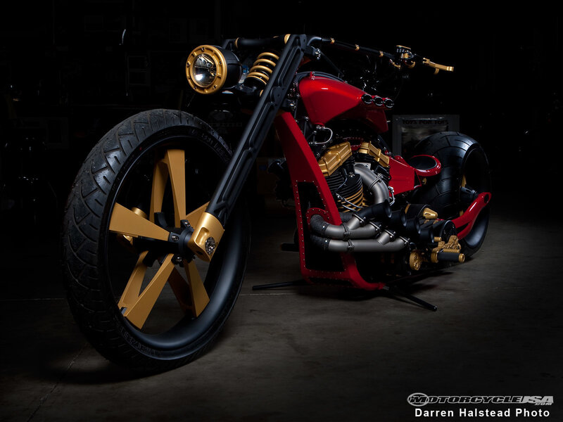 custom red and gold chopper motorcycle