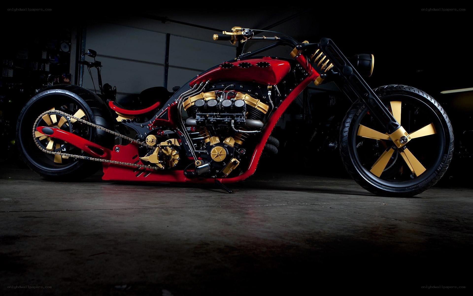 Custom red and gold chopper motorcycle
