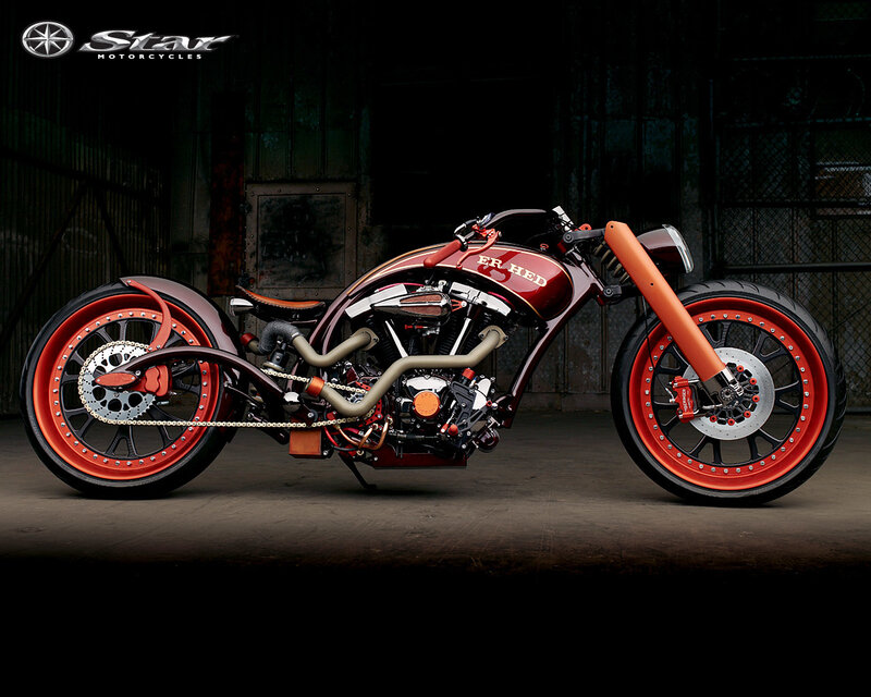 Custom red and orange chopper motorcycle