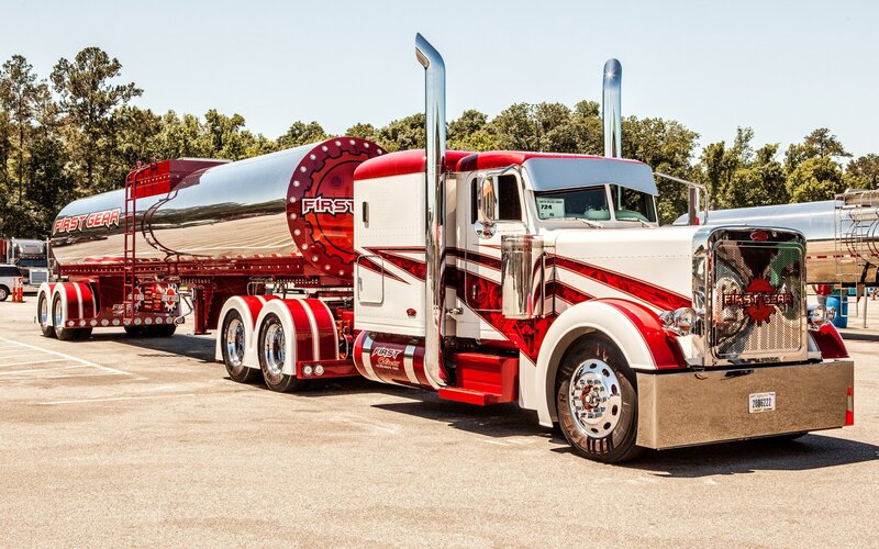 Custom red and white tanker truck
