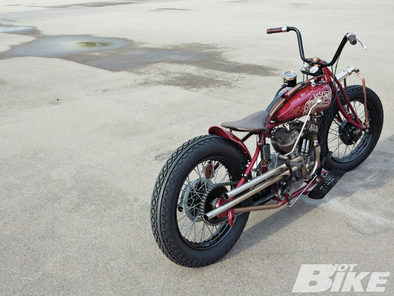 Custom Red Chopper Motorcycle — Calm, Afternoon, Photograph, Asphalt