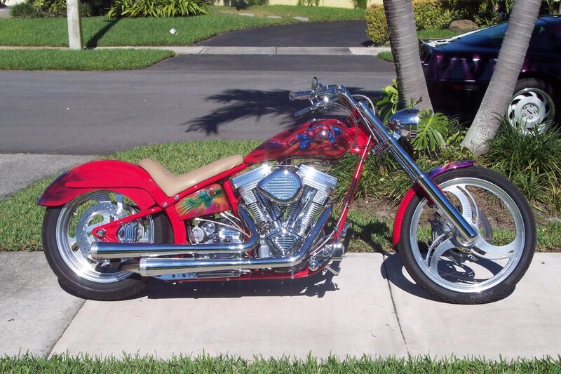 Custom Red Chopper Motorcycle — Calm, Afternoon, Photograph, Car