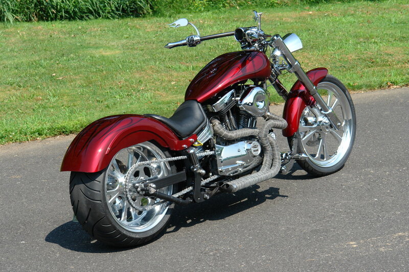 Custom Red Chopper Motorcycle — Calm, Afternoon, Photograph, Grass, Asphalt