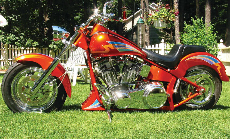 Custom Red Chopper Motorcycle — Calm, Afternoon, Photograph, Grass