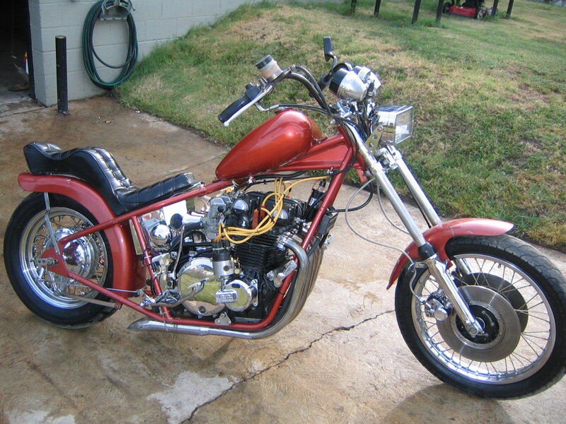 Custom Red Chopper Motorcycle — Calm, Afternoon, Photograph, Hose
