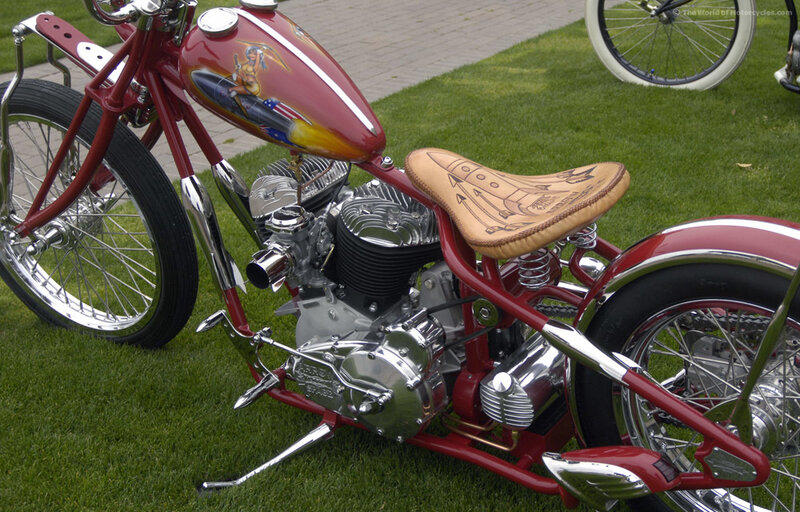Custom Red Chopper Motorcycle — Calm, Afternoon, Photograph