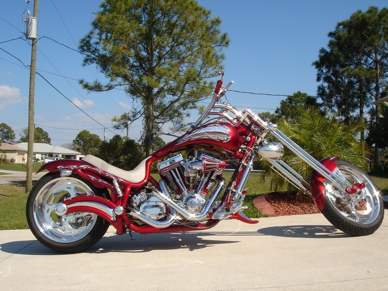 Custom Red Chopper Motorcycle — Calm, Afternoon, Photograph, Trees
