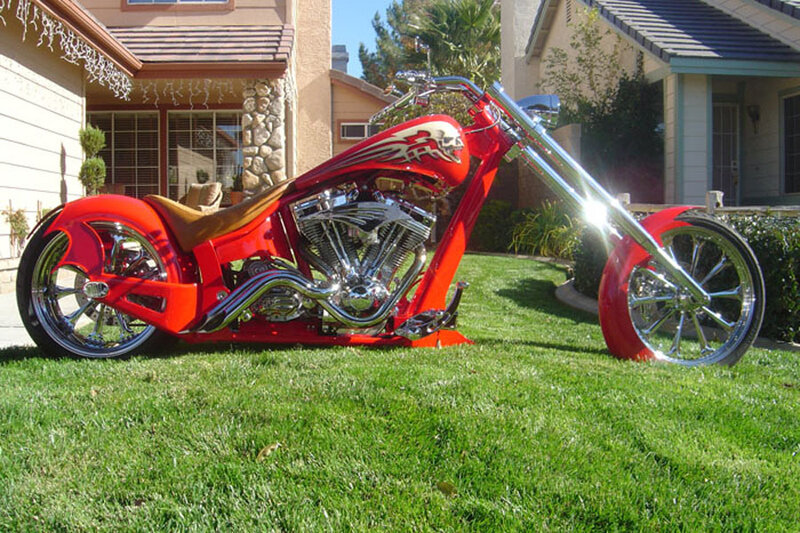 Custom Red Chopper Motorcycle — Calm, Afternoon