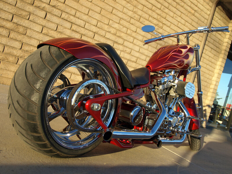 Custom Red Chopper Motorcycle — Dramatic, Afternoon, Photograph, Brick Wall