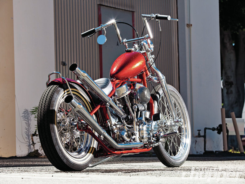 Custom Red Chopper Motorcycle — Dramatic, Afternoon, Photograph, Building
