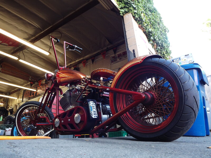 Custom Red Chopper Motorcycle — Dramatic, Afternoon, Photograph