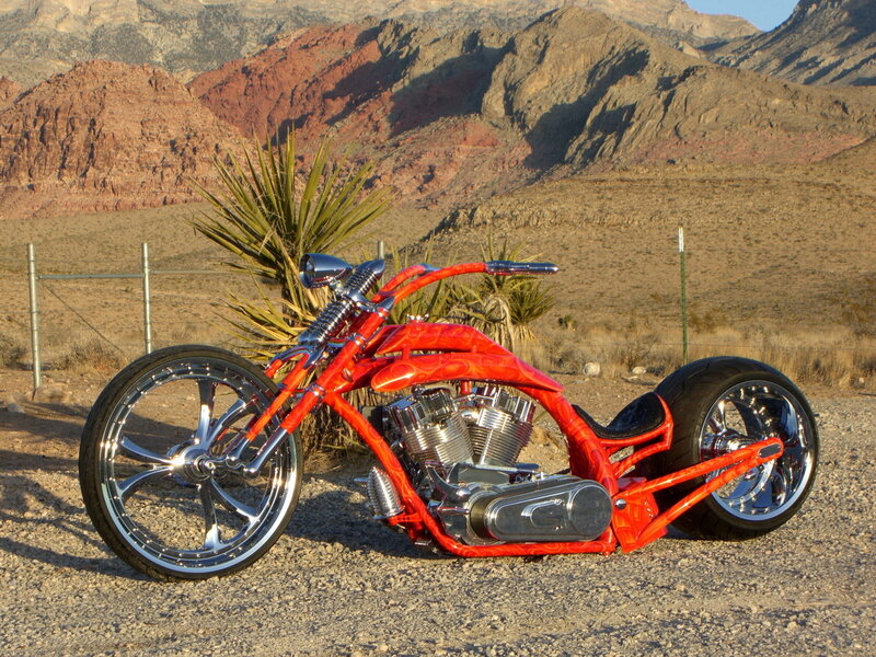 Custom Red Chopper Motorcycle — Dramatic, Afternoon