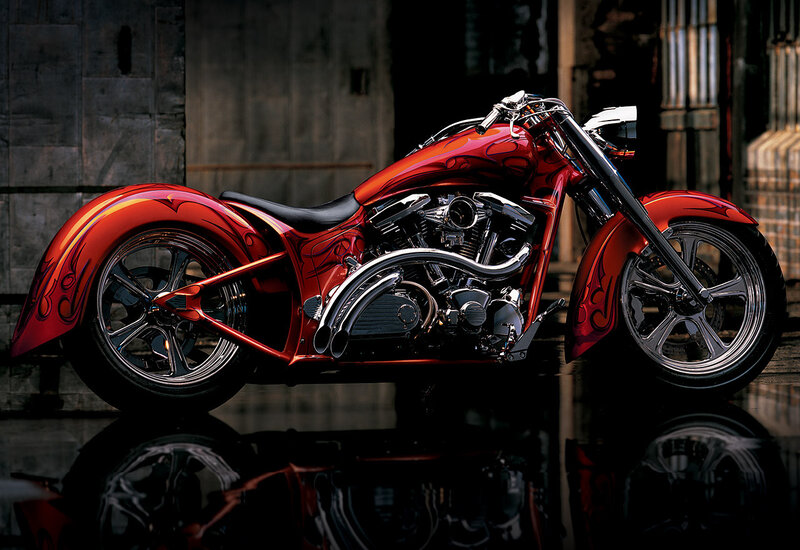Custom Red Chopper Motorcycle — Dramatic, Photograph, Black Seat