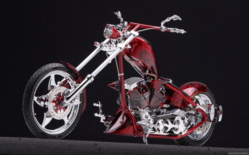 Custom Red Chopper Motorcycle — Dramatic, Photograph, Chrome Parts