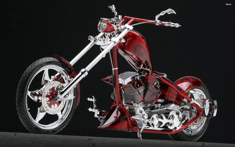 Custom Red Chopper Motorcycle — Dramatic, Photograph, Chrome