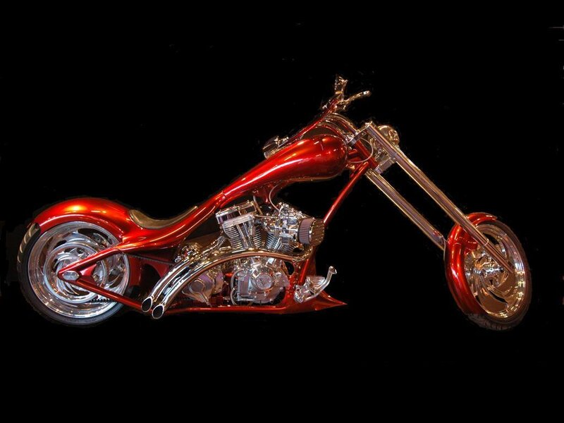 Custom Red Chopper Motorcycle — Dramatic, Photograph, Engine, Exhaust