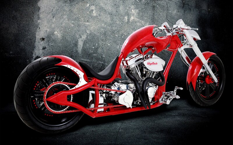 Custom Red Chopper Motorcycle — Dramatic, Photograph, Engine, Seat, Wheels