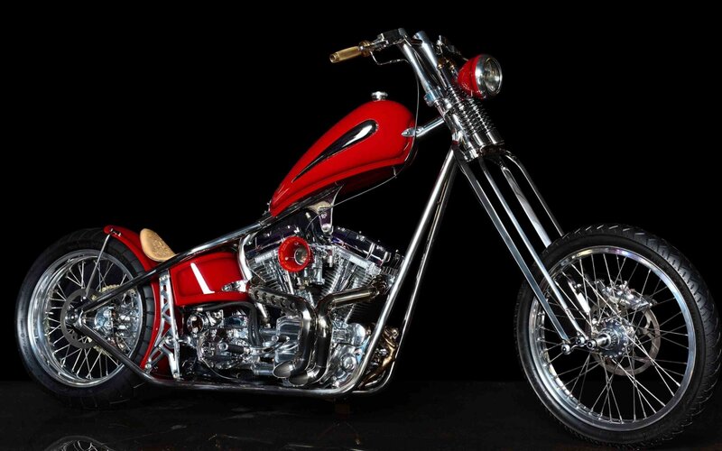 Custom Red Chopper Motorcycle — Dramatic, Photograph, Engine
