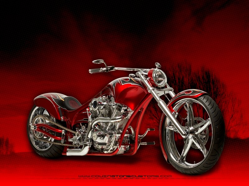 Custom Red Chopper Motorcycle — Dramatic, Photograph, Engine, Wheel