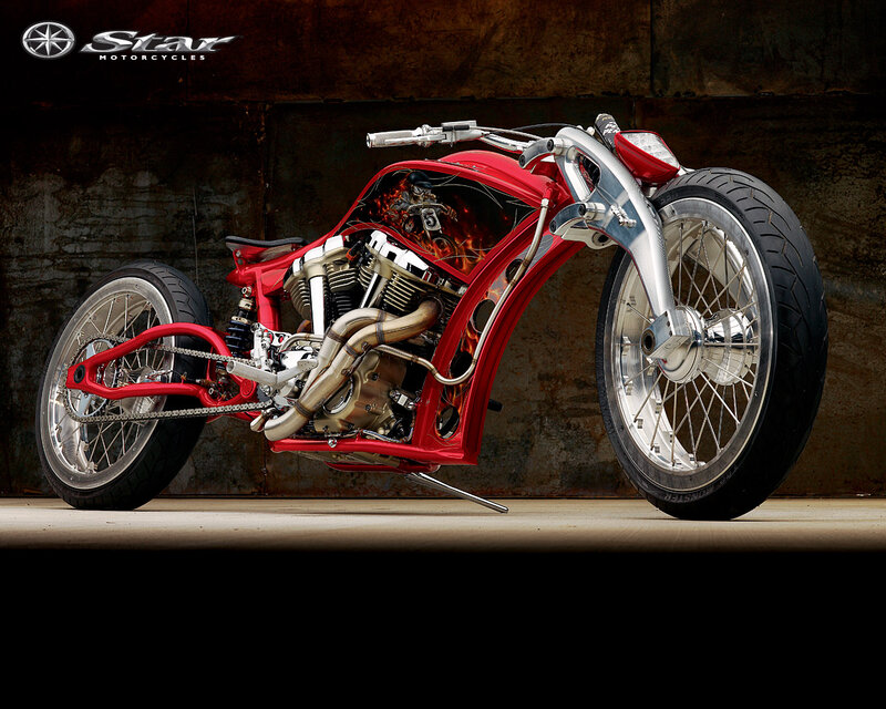 Custom Red Chopper Motorcycle — Dramatic, Photograph, Flame Graphics
