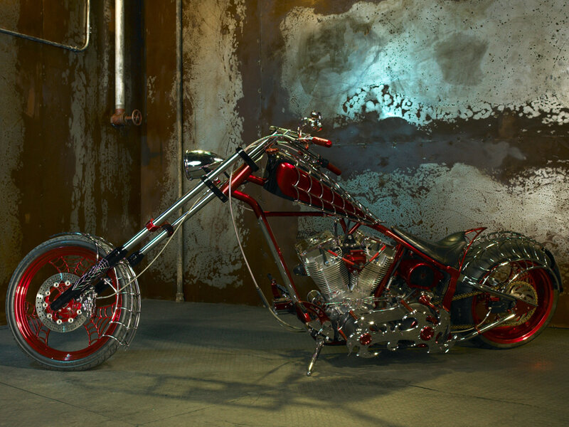 Custom Red Chopper Motorcycle — Dramatic, Photograph, Metallic Frame