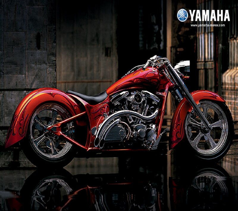 Custom Red Chopper Motorcycle — Dramatic, Photograph, Stone Wall
