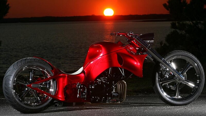 Custom Red Chopper Motorcycle — Dramatic, Sunset