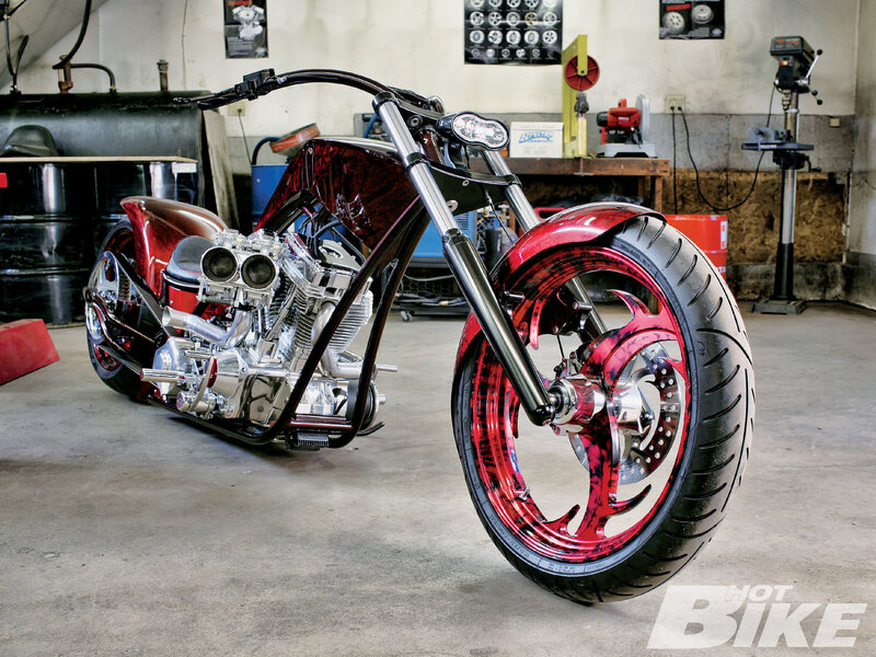 Custom Red Chopper Motorcycle — Mechanical