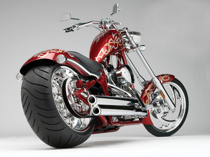 Custom Red Chopper Motorcycle — Neutral, Photograph, Chrome Exhaust