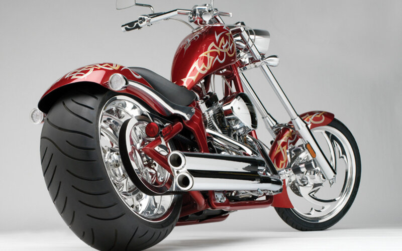 Custom Red Chopper Motorcycle — Neutral, Photograph, Chrome