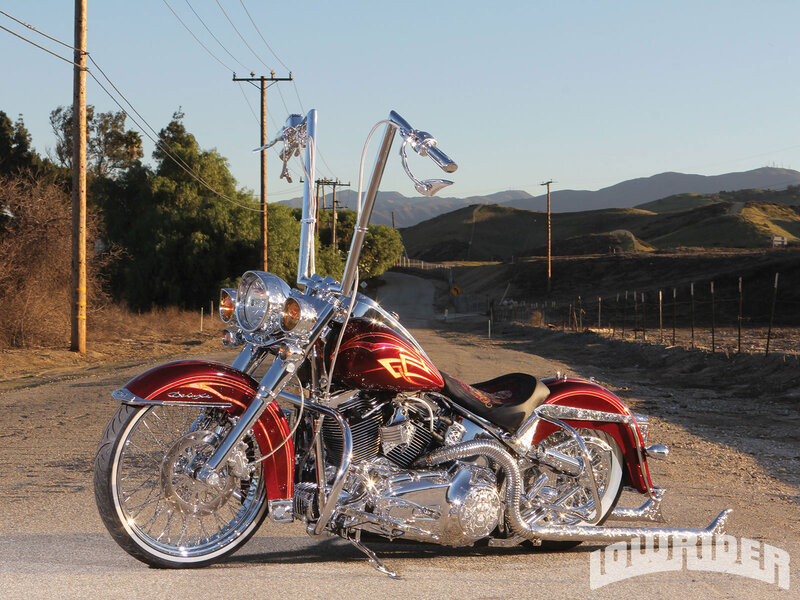 Custom Red Chopper Motorcycle — Serene, Afternoon, Photograph, Mountains