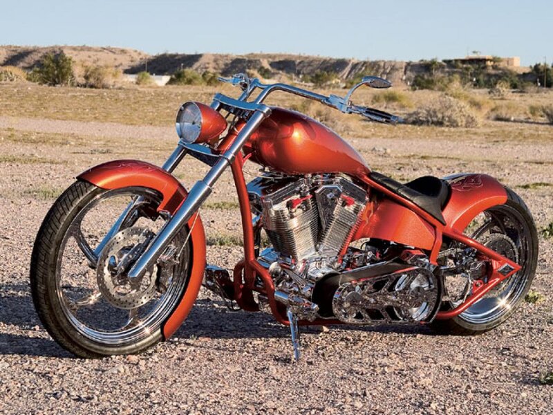 Custom Red Chopper Motorcycle — Serene, Afternoon, Photograph