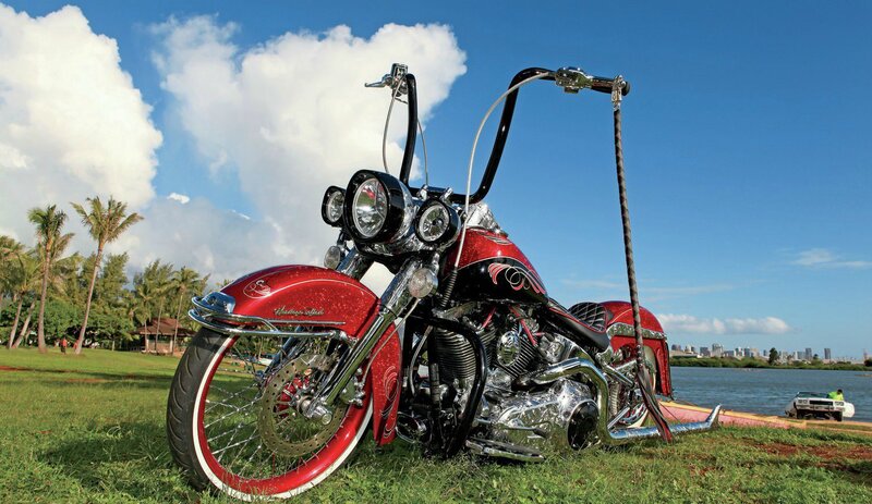 Custom Red Chopper Motorcycle — Serene, Afternoon