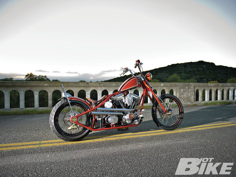 Custom Red Chopper Motorcycle — Serene, Sunset