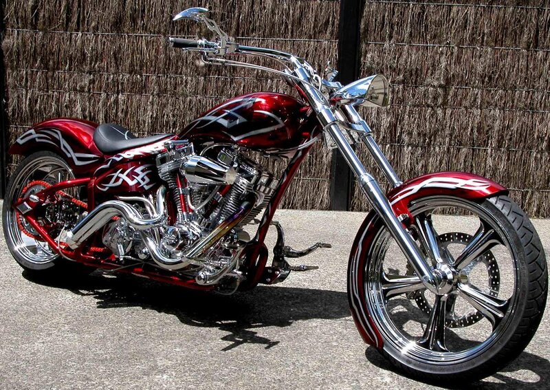 Custom Red Chopper Motorcycle — Showcase, Afternoon