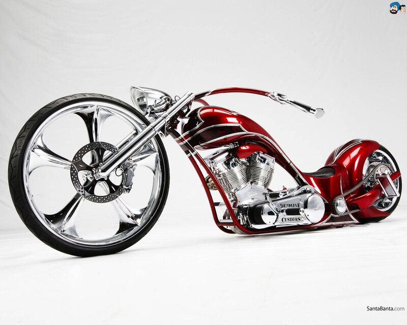 Custom Red Chopper Motorcycle — Showcase, Photograph, Chrome Wheels, Engine