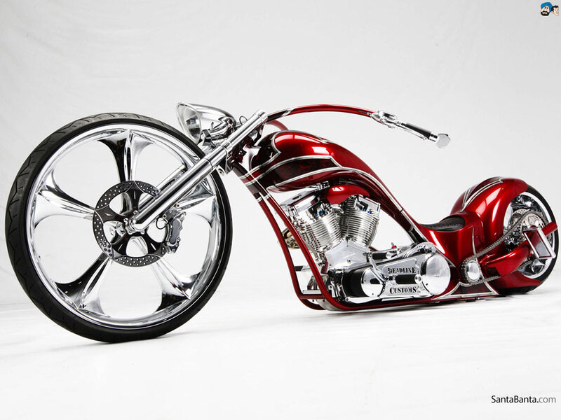 Custom Red Chopper Motorcycle — Showcase, Photograph, Chrome Wheels