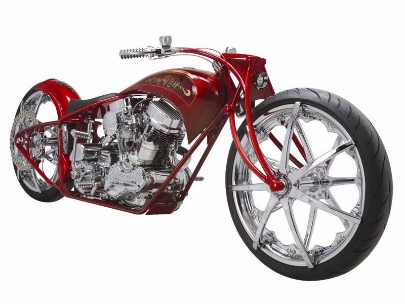 Custom Red Chopper Motorcycle — Showcase, Photograph, Engine, Wheels