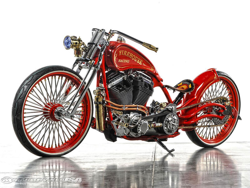 Custom Red Chopper Motorcycle — Showcase, Photograph, Spoked Wheels