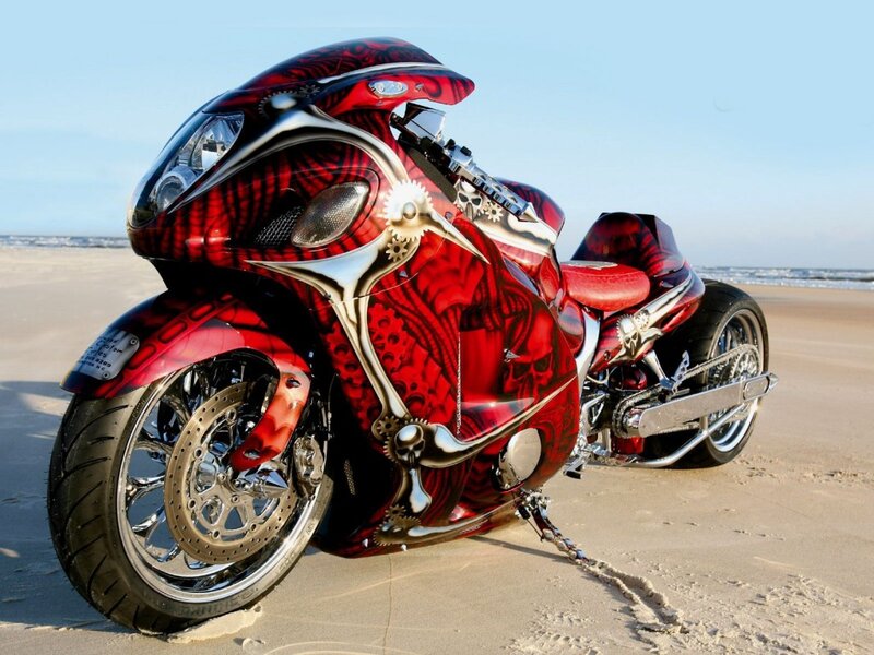 Custom Red Motorcycle — Dramatic, Afternoon, Photograph, Beach