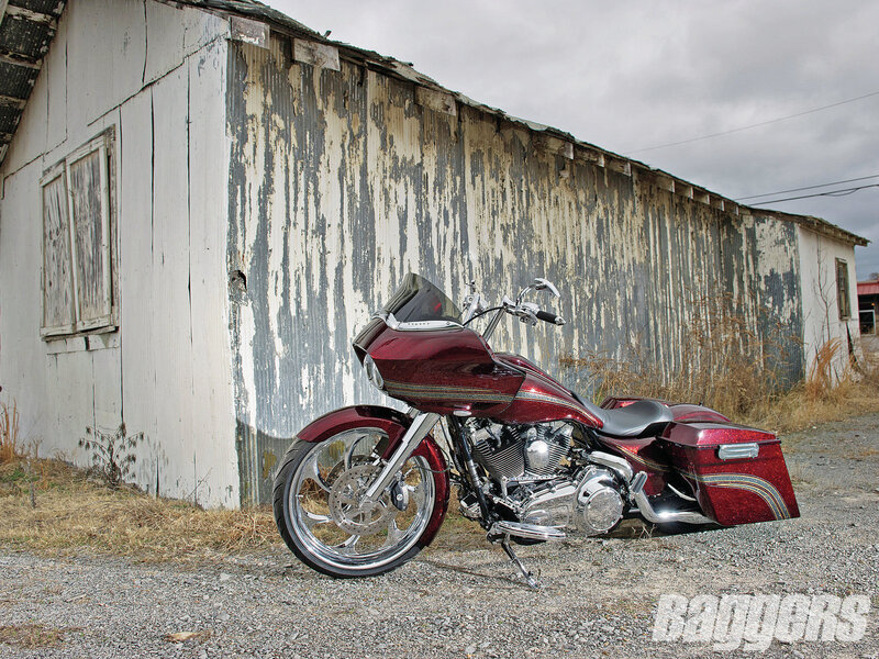 Custom Red Motorcycle — Dramatic, Afternoon, Photograph, Building