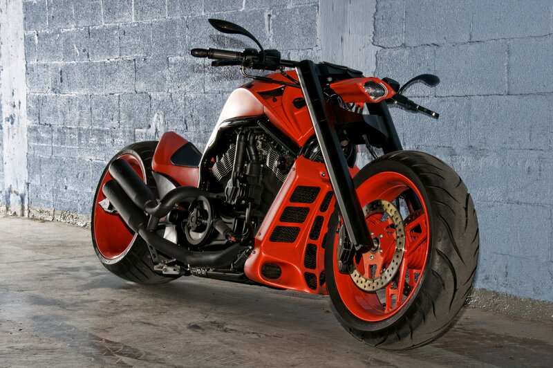 Custom Red Motorcycle — Dramatic, Photograph, Concrete Wall