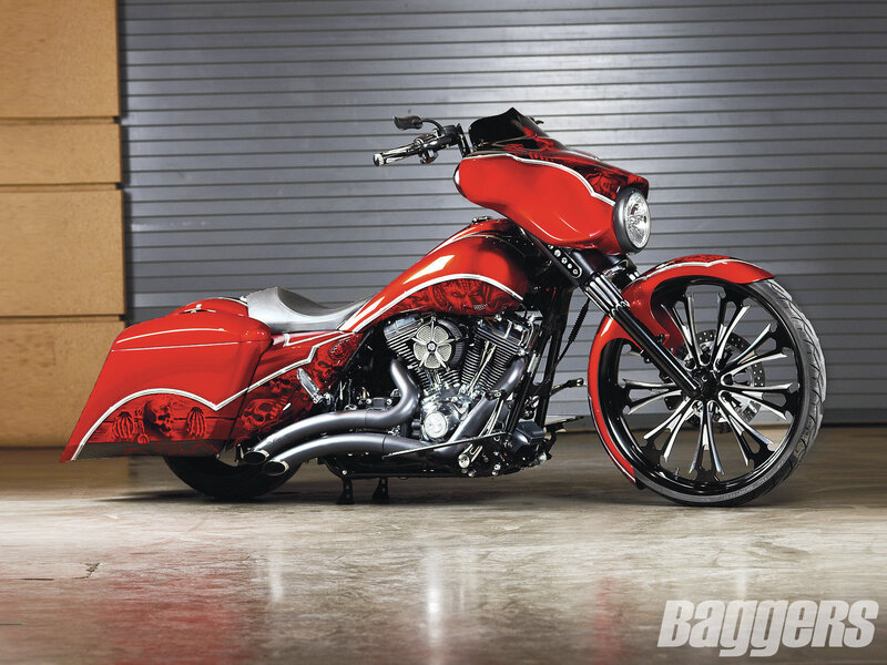 Custom Red Motorcycle — Dramatic, Photograph, Skulls