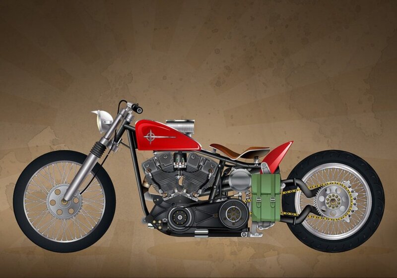 Custom Red Motorcycle — Mechanical, Digital Art