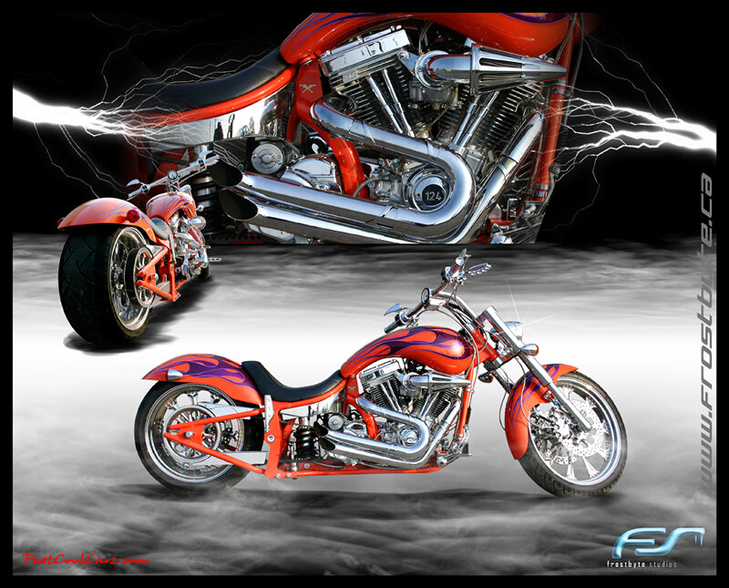 Custom red motorcycle with flame design
